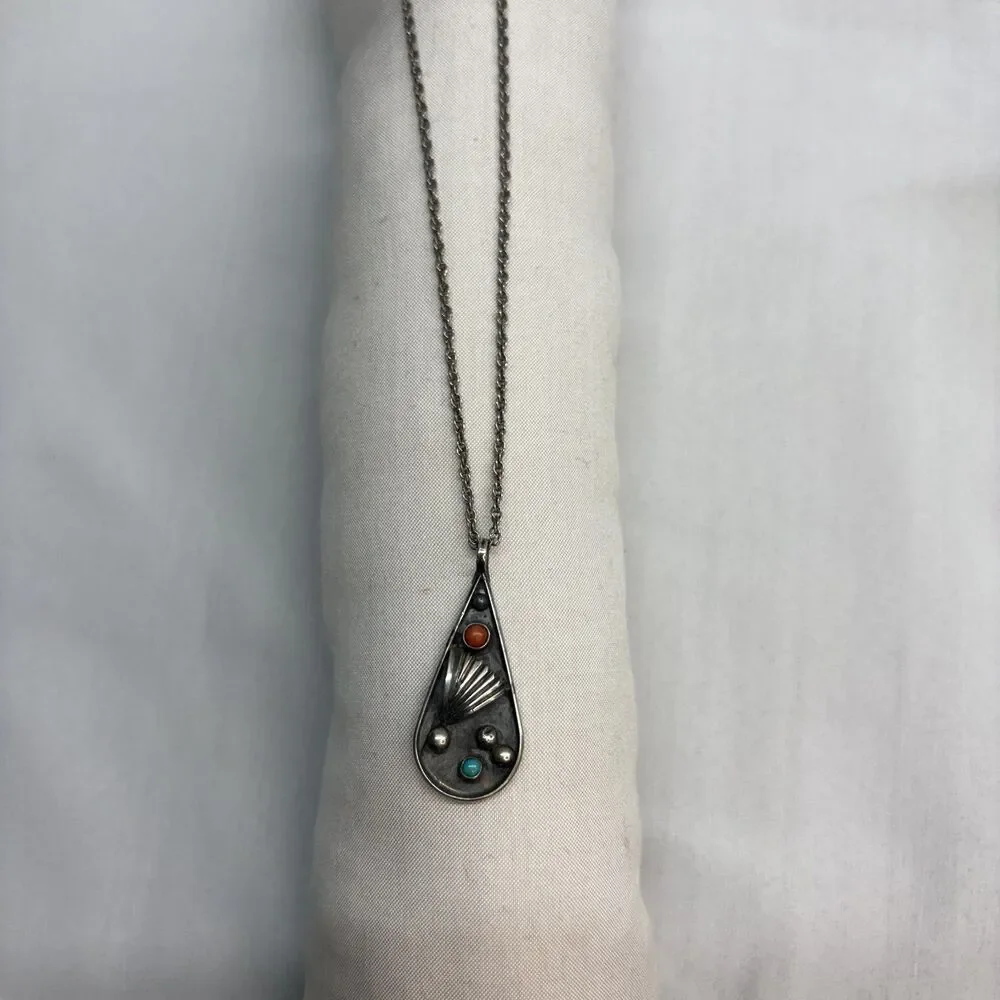 Vintage Southwestern Sterling Turquoise Coral Pitot Point Teardrop Pendant
